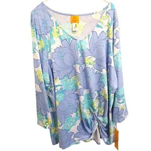 Ruby Rd Woman Blue Floral Print Long Sleeve Twist Front Top Plus Size 3X